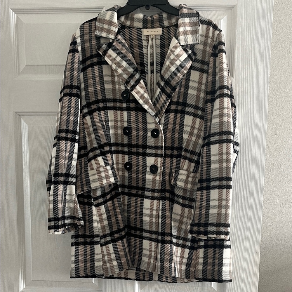 MELLODAY Black and Brown Plaid Pea Coat